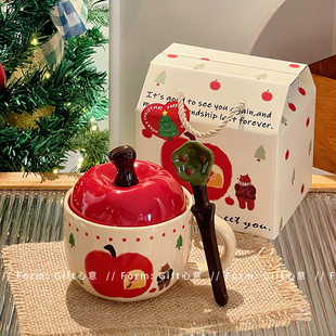 新年生日礼物实用女生闺蜜可爱苹果马克杯子高颜值带盖勺送同事