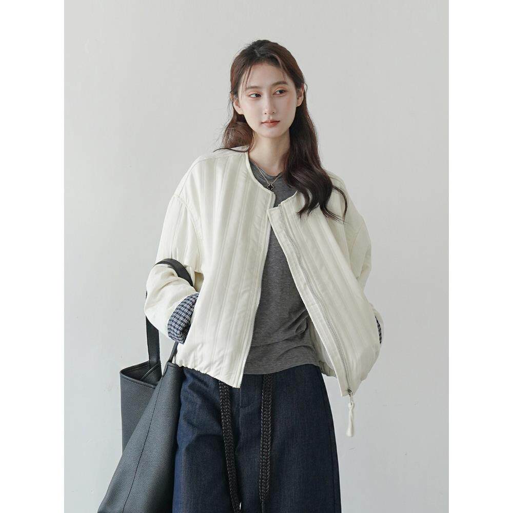 2025秋冬季拼接格子棉服白色小个子棉衣短款宽松夹棉外套棉袄女款