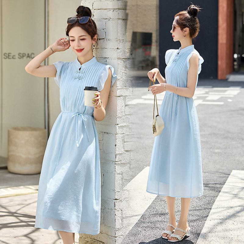 【现货】飞飞袖素色连衣裙女夏季洋气减龄高级感休闲显瘦高档长裙