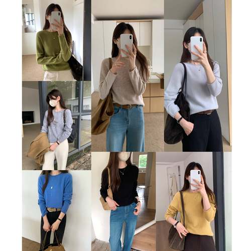 Ahui 秋季新款纯色羊毛卷边毛针织衫纯色圆领毛衣女