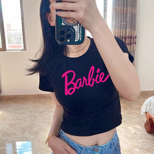 Kawaii Barbie Women Crop Top可爱粉色字母芭比印花露脐T恤女