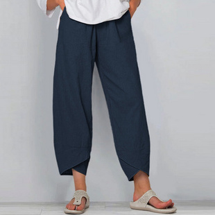 2020 Women Cotton Linen Vintage Pants Elastic Trousers woman