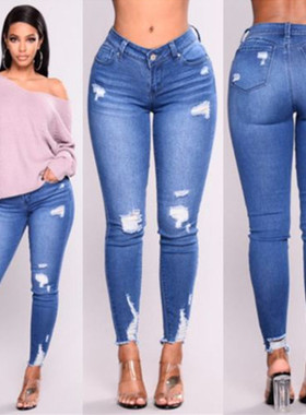 2021fashion ripped jeans women elastic pants causal trousers