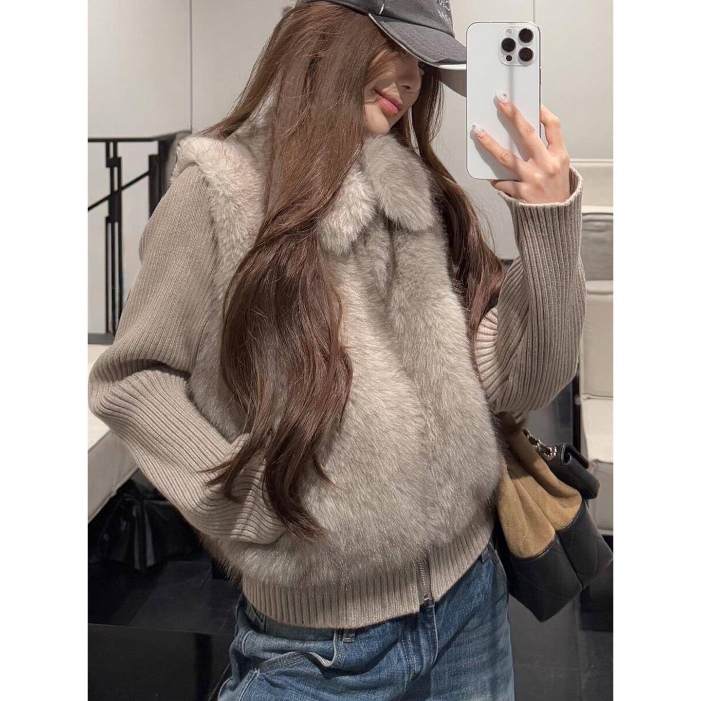 2025冬季新款年轻环保皮草毛毛外套女短款小个子针织袖马甲可拆卸