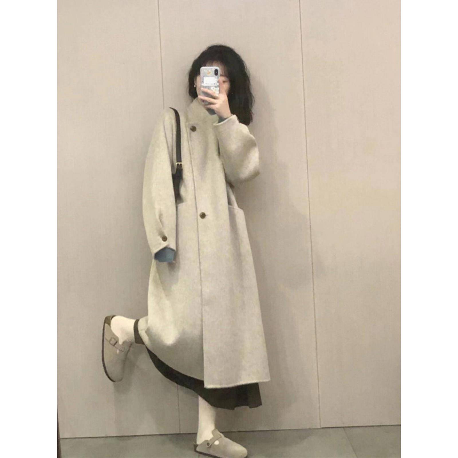 韩系呢子大衣女2024秋冬季新款毛呢外套高级感小个子慵懒风中长款