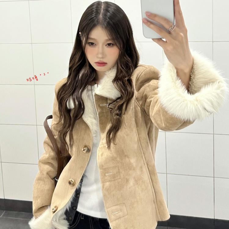 设计仿狐狸毛皮草女冬季新款高级洋气麂皮绒皮毛一体加厚毛毛外套