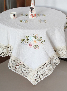 纯棉刺绣花台布白色全棉餐桌布布艺外贸圆正长方形高级感茶几盖巾