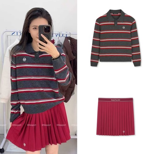 Sergio Tacchini女网球长袖Polo衫短裙速干条纹轻盈舒适宽松套装