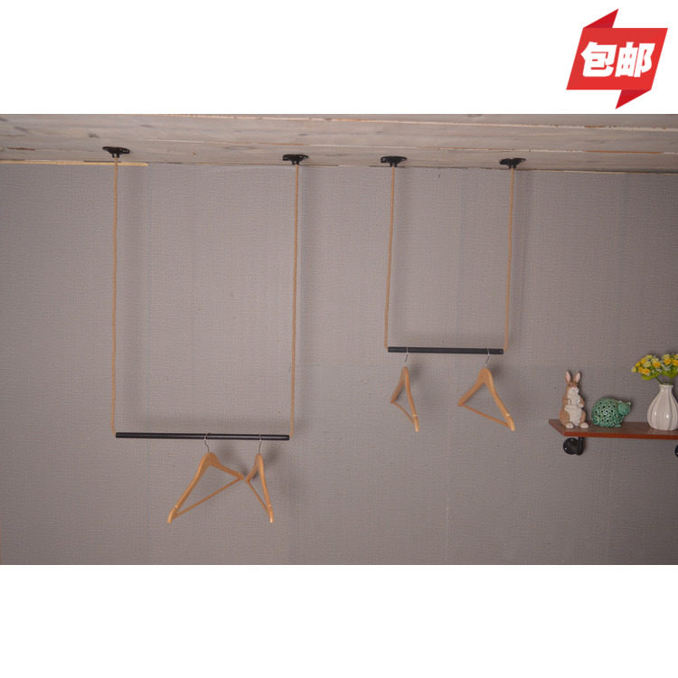 复古水管麻绳服装店衣架展示架吊挂铁艺男装女装陈列货架吊顶吊架