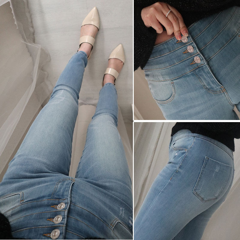21春季新三粒扣高腰紧身铅笔喇叭九分裤收腹显瘦牛仔裤女士外穿