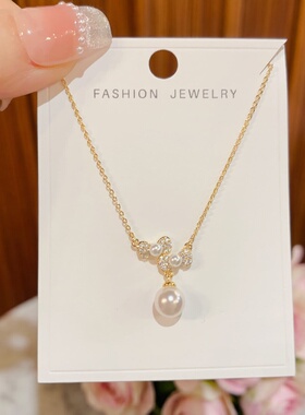 微镶锆石蝴蝶结珍珠锁骨链