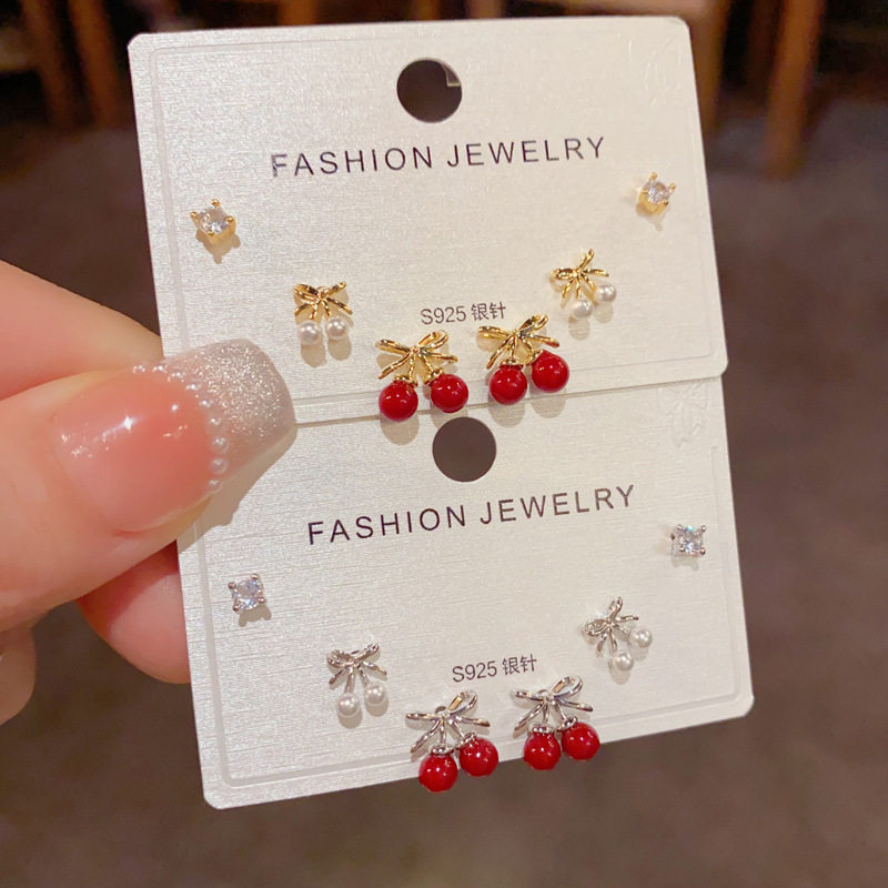 精致时尚甜美红色樱桃三件套耳钉