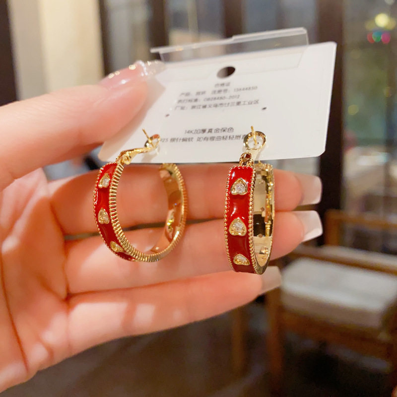 法式时尚复古红色爱心银针耳圈