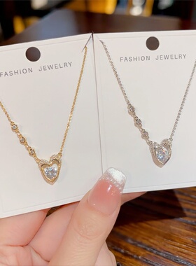 韩版精致时尚百搭镶钻爱心吊坠项链个性轻奢感锁骨链配饰