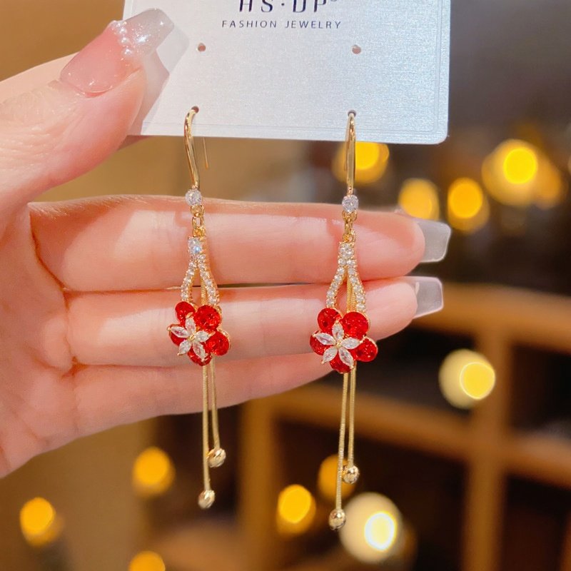 时尚精致锆石红色花瓣流苏耳坠