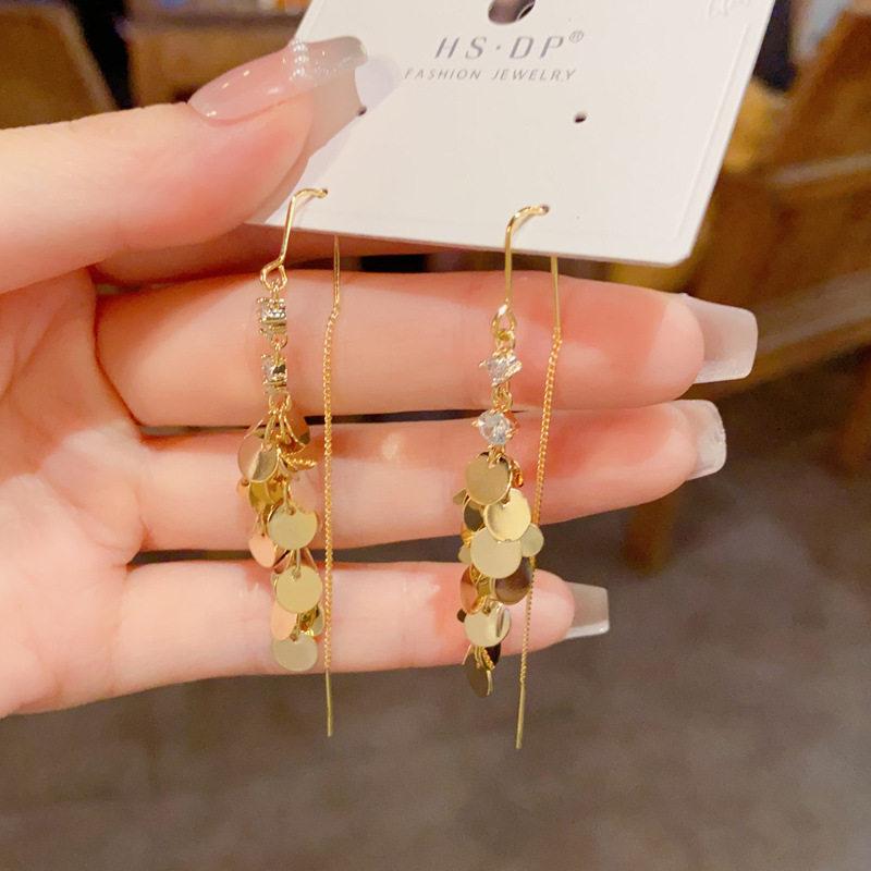 欧美秋冬个性时尚夸张镶钻金属圆片流苏耳线气质简约百搭显瘦
