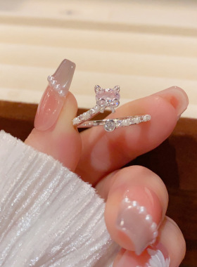 粉色小猫超闪开口食指戒女