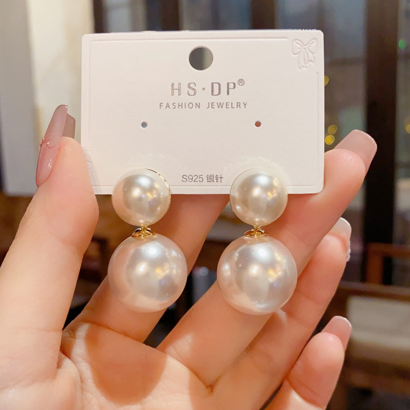 s925银针温柔优雅百搭粉色大珍珠耳坠个性轻奢气质时尚简约耳环