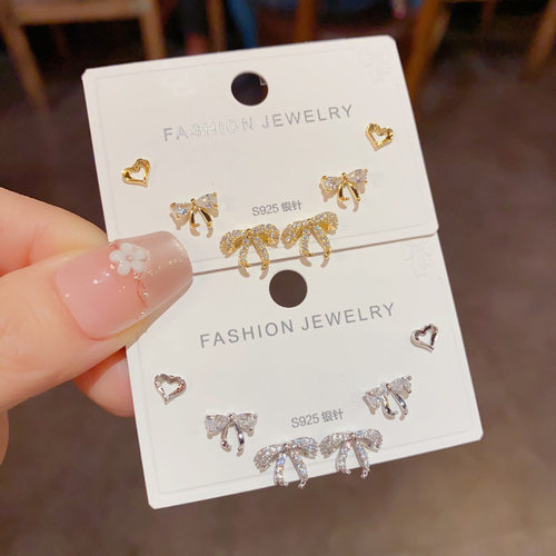 满钻爱心蝴蝶结丝带三件套耳钉