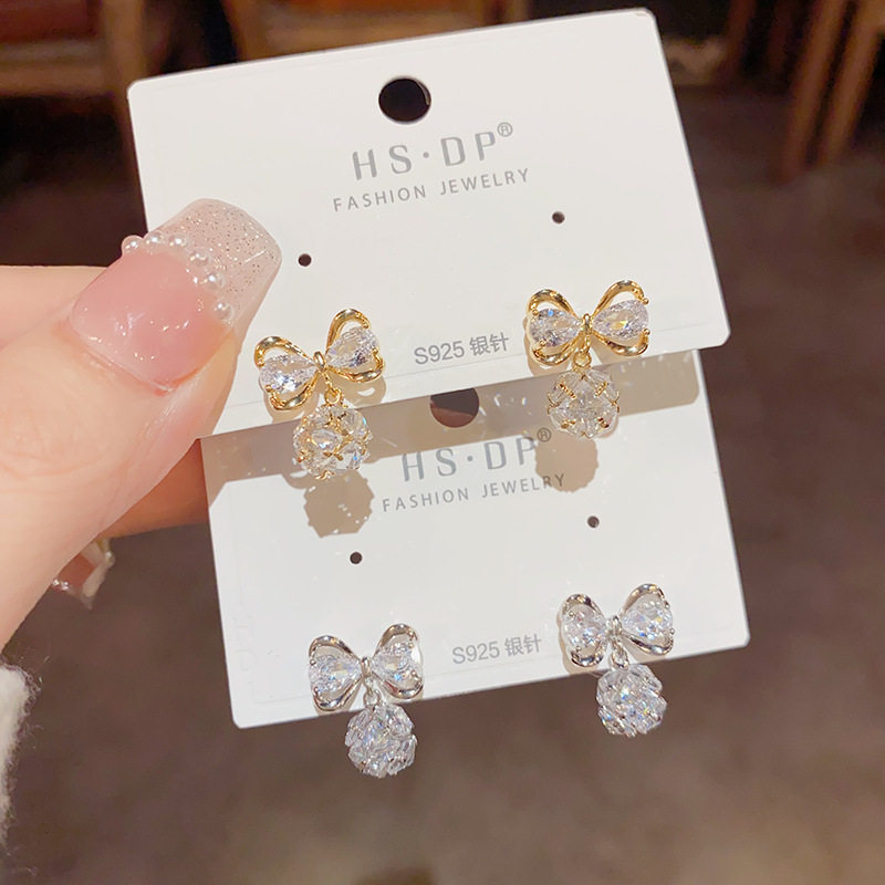 森系小巧可爱精致蝴蝶结吊锆石耳钉s925银针时尚耳坠百搭耳环
