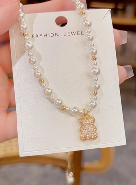 秋冬新款锆石小熊珍珠锁骨链