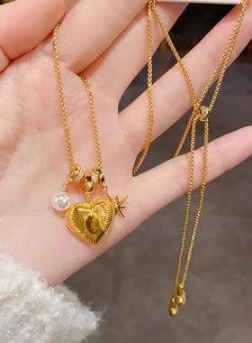 欧美跨境个性金属爱心芒星吊坠项链时尚轻奢简约独特设计感毛衣链