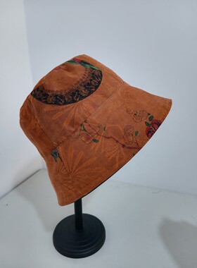 定做手工制作真丝香云纱渔夫帽盆帽防晒帽女士帽子钓鱼帽大檐帽