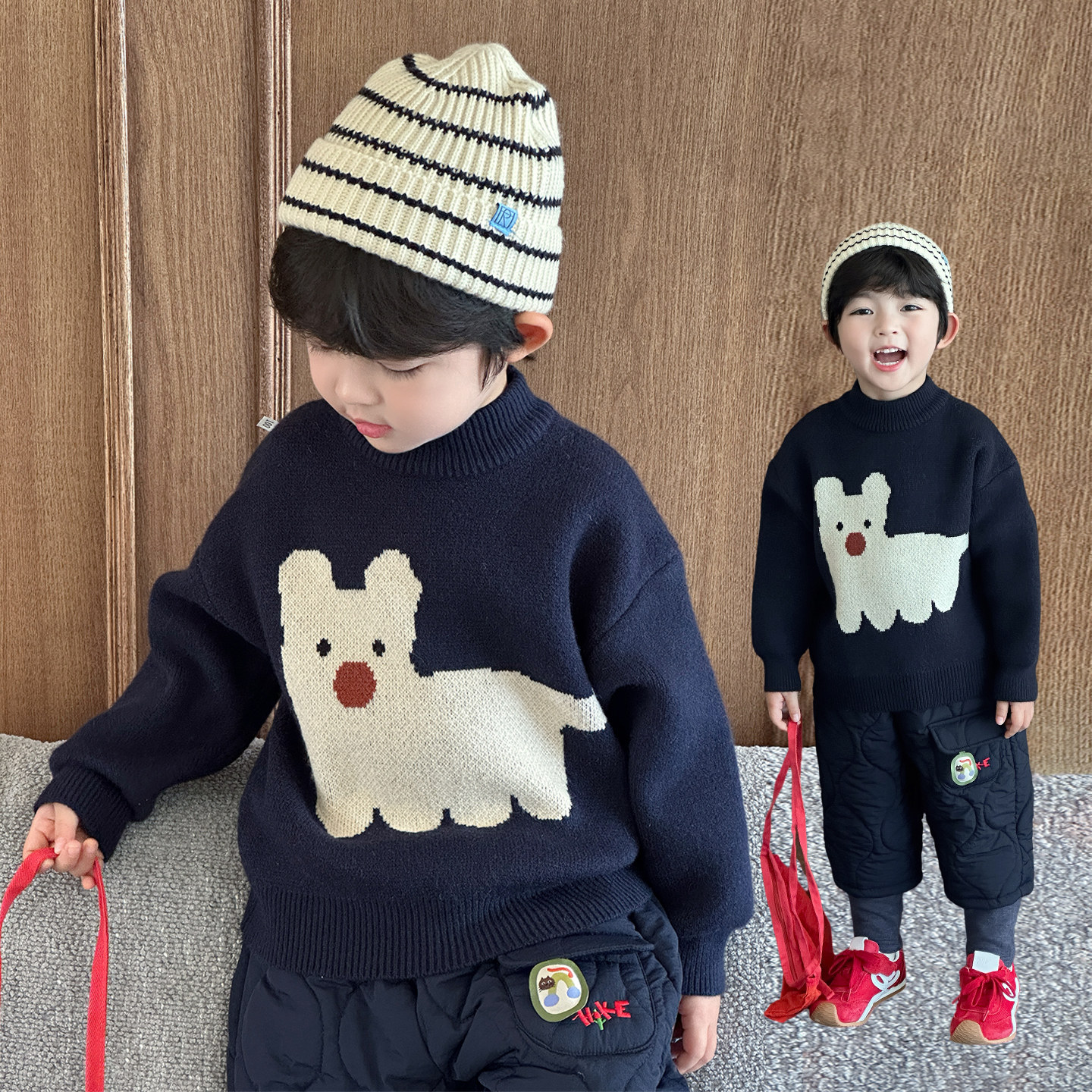 男童加绒毛衣冬季儿童针织衫2025新款男孩中领加厚宝宝女童打底衫