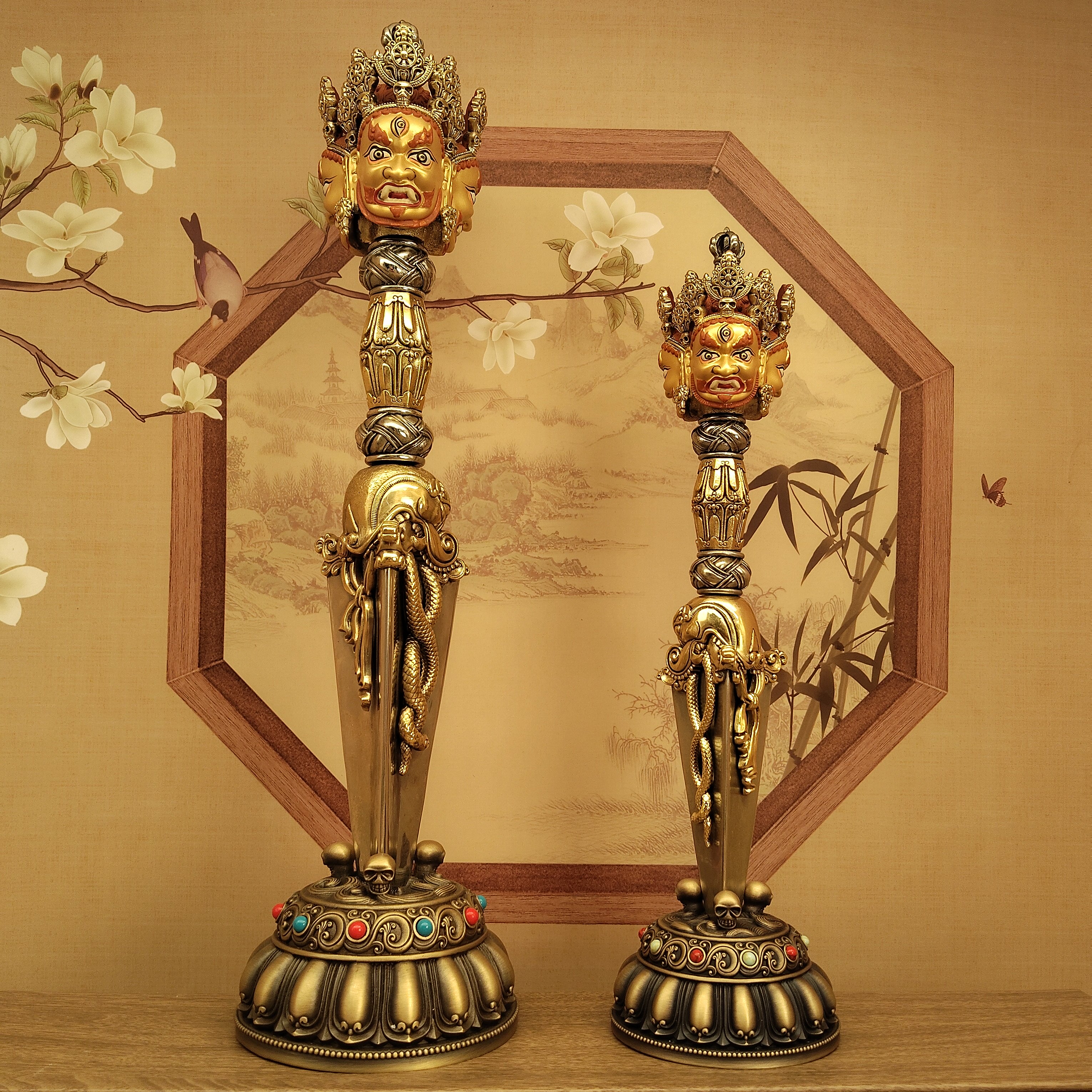 尼泊尔工艺纯铜画脸三面普巴金刚像家居摆件佛堂寺庙供桌面供奉