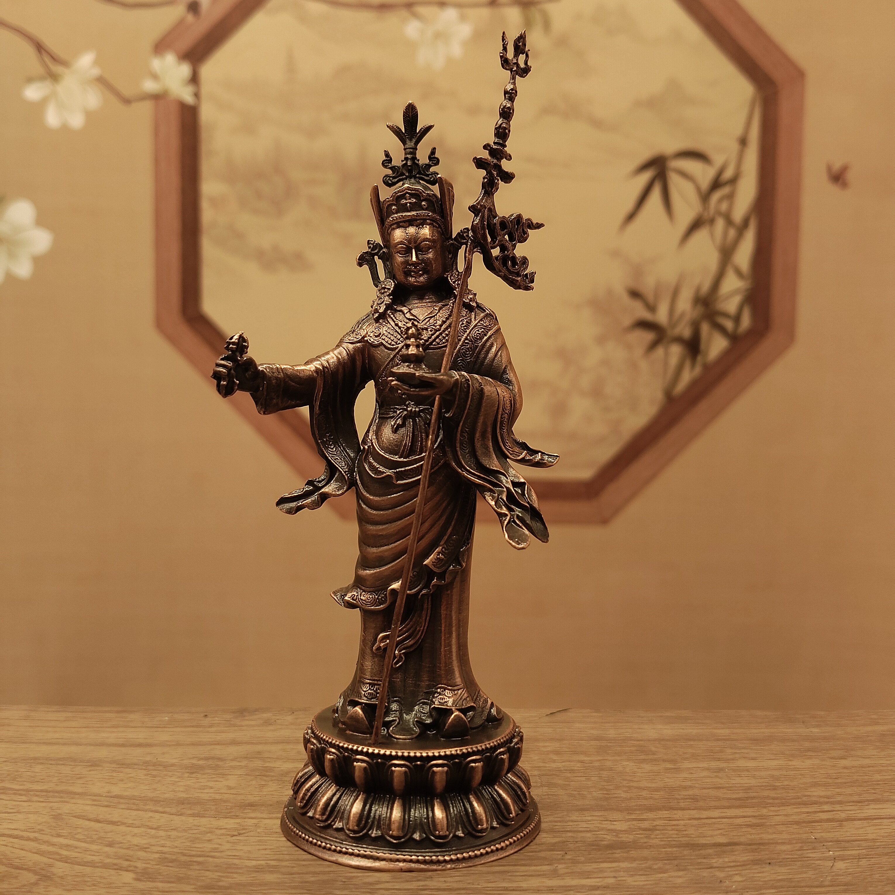 尼泊尔工艺紫铜做旧莲花生大士佛像家居摆件10公分三寸寺庙佛堂供