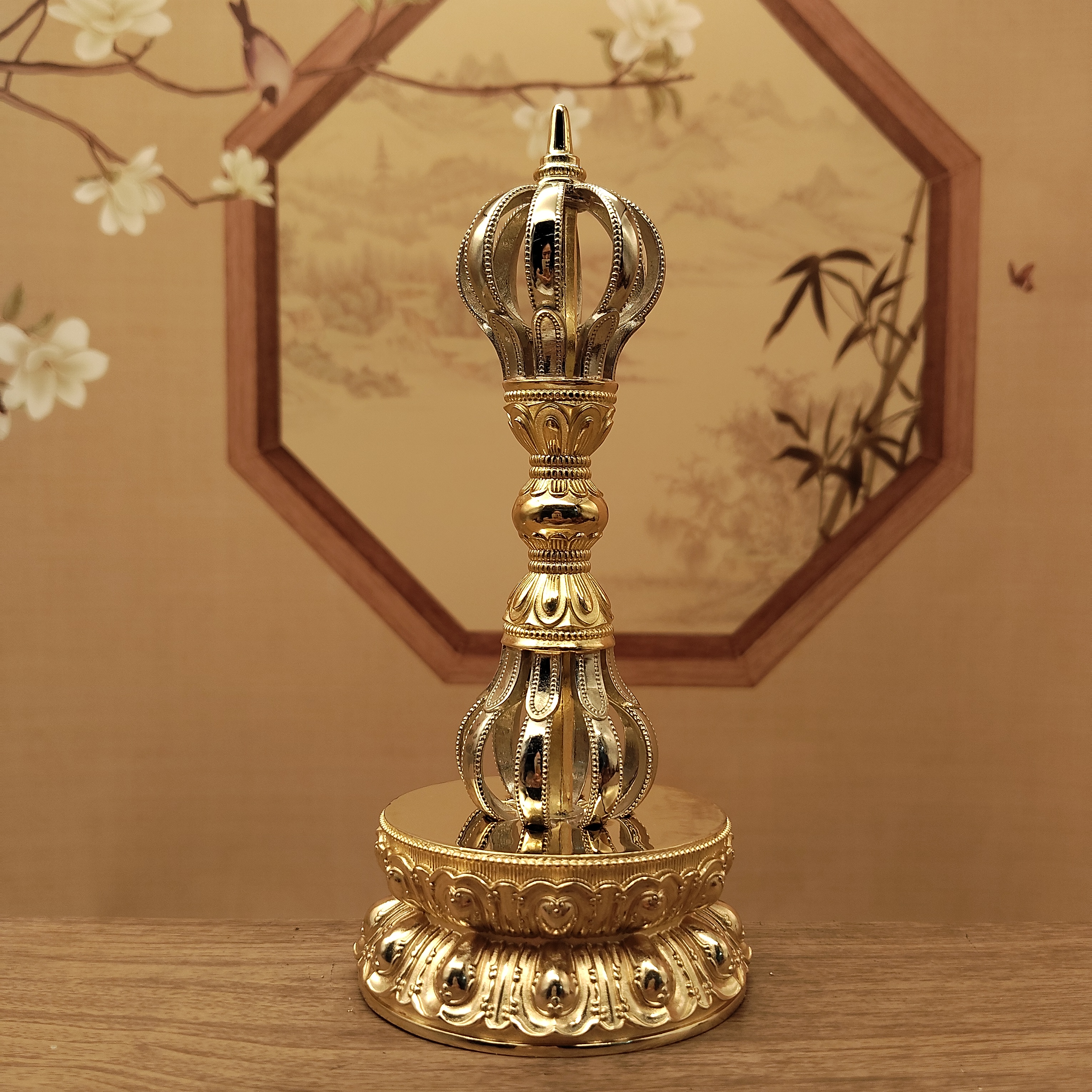 尼泊尔工艺黄铜白铜双色铜九股金刚杵带底座护法神器供奉法器摆件