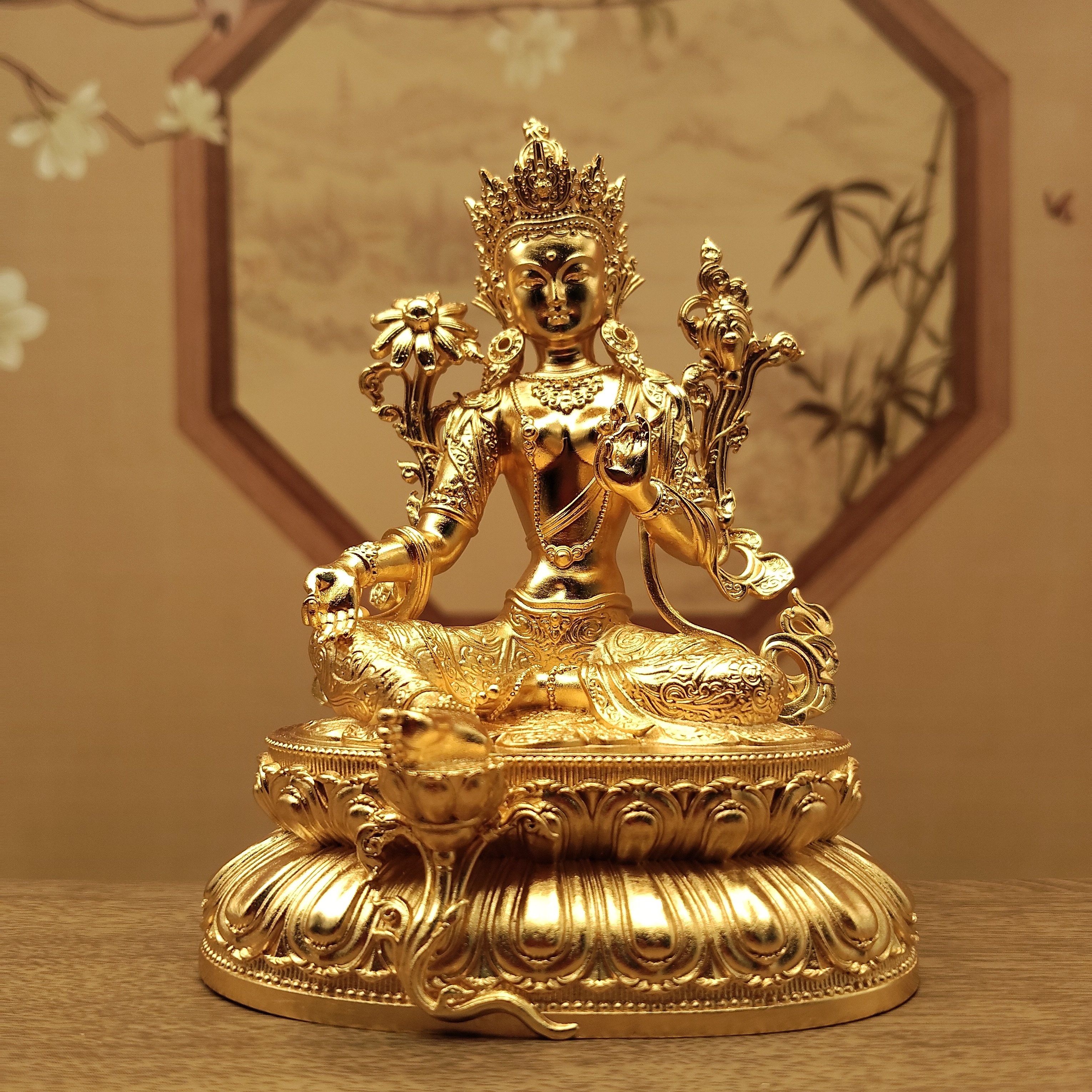 藏传黄铜镀金三寸10公分绿度母像居家摆件车载随身小铜像佛堂寺庙