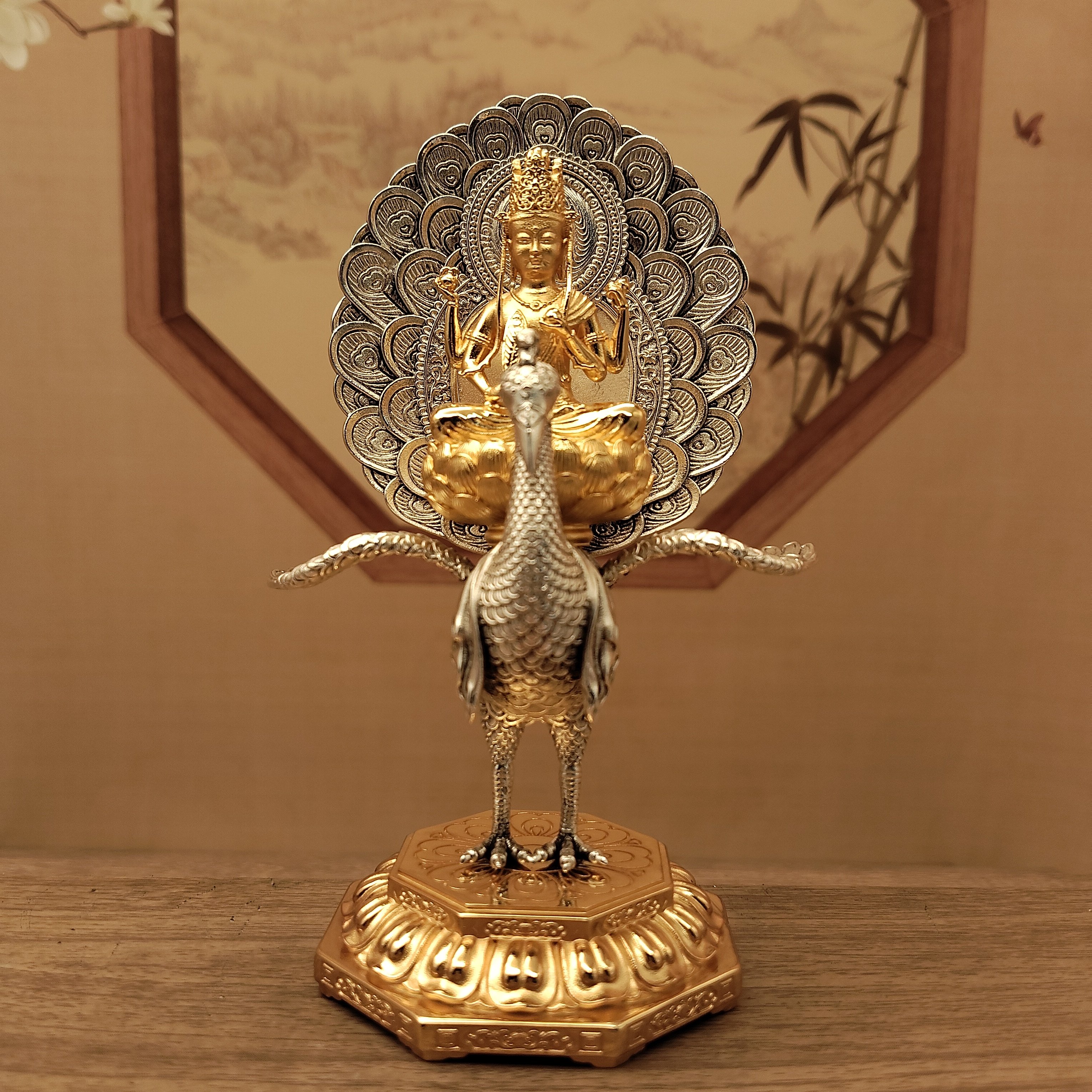 藏传密宗纯铜鎏金鎏银12公分泰式孔雀明王像家居摆件佛堂寺庙供