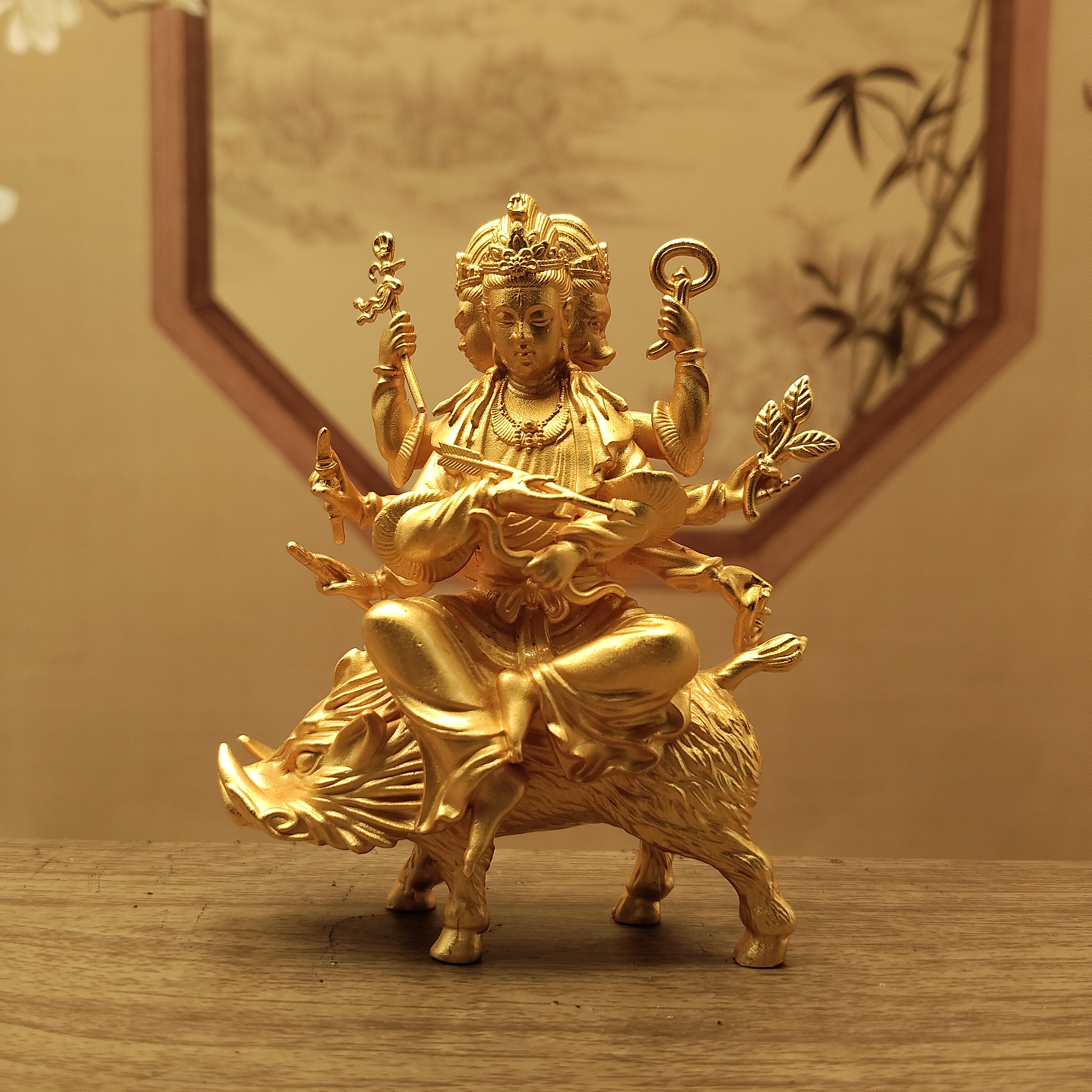 藏传纯铜镀金8厘米摩利支天实心居家办公客厅摆件车载随身小铜像