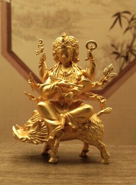 藏传纯铜镀金8厘米摩利支天实心居家办公客厅摆件车载随身小铜像
