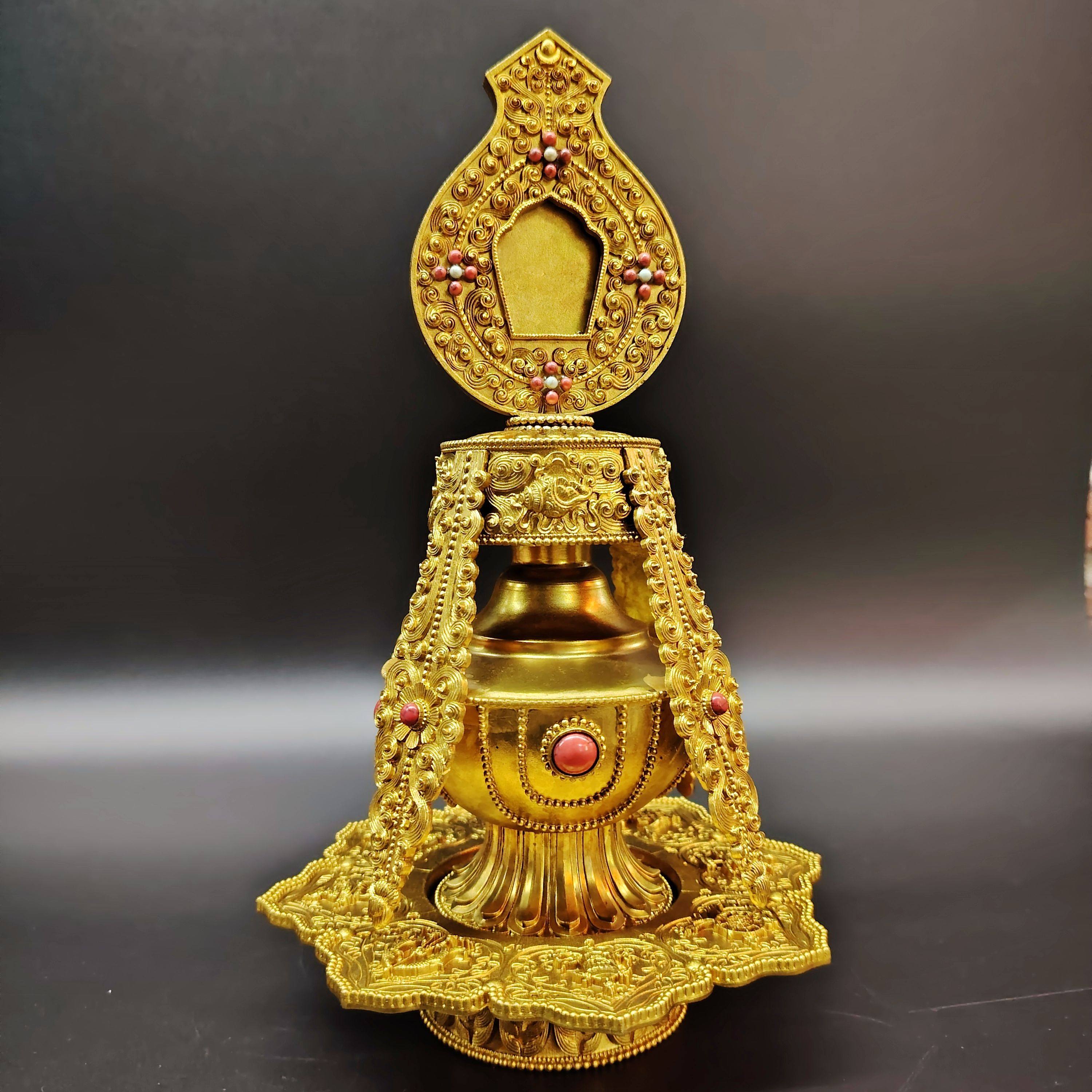 纯铜尼泊尔西藏供奉长寿宝瓶镀金雕花八吉祥灌顶家居用摆件佛堂供