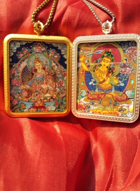 新款西藏民族风手绘描金描银彩金工艺唐卡画带盒吊坠男女个性项坠