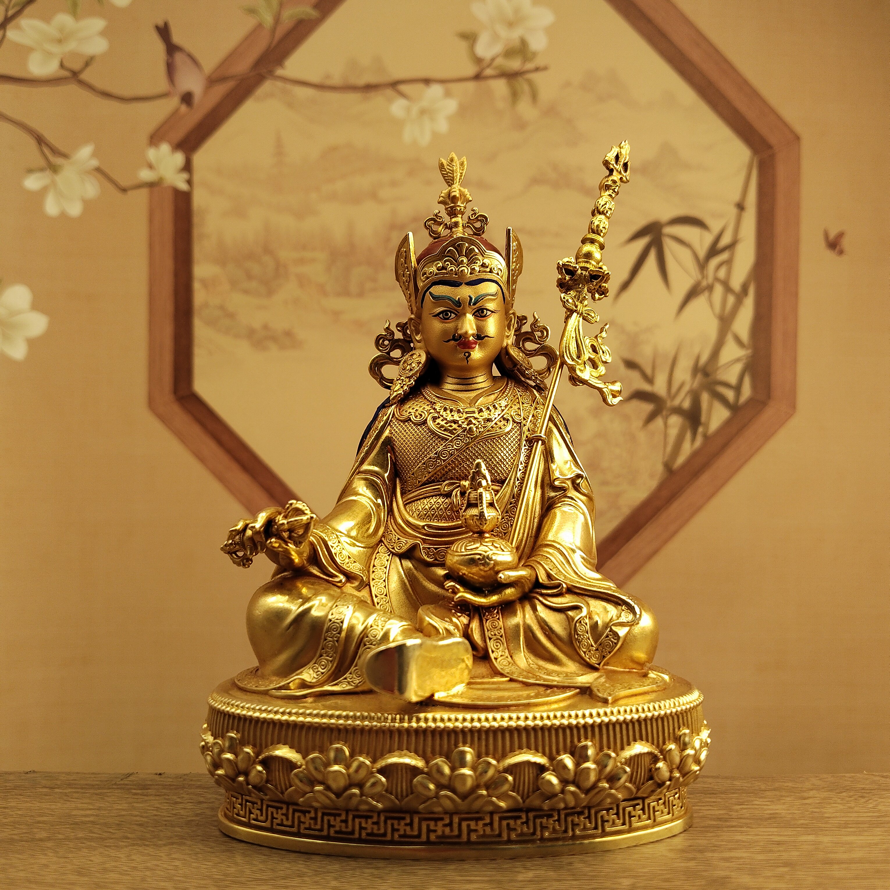 藏式纯黄铜画脸莲花生大士佛像莲师居家摆件佛堂寺庙供奉供具桌面