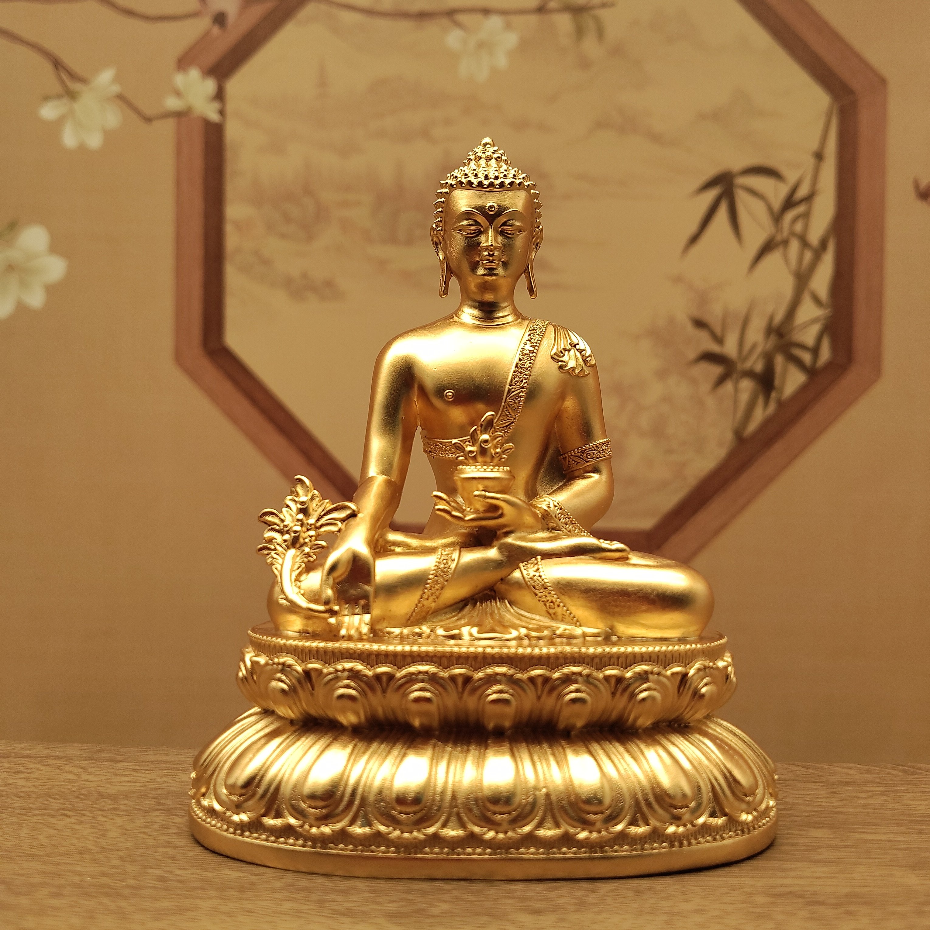 三寸10公分藏式铜镀金药师佛佛像居家摆件佛堂寺庙供奉供具桌面车