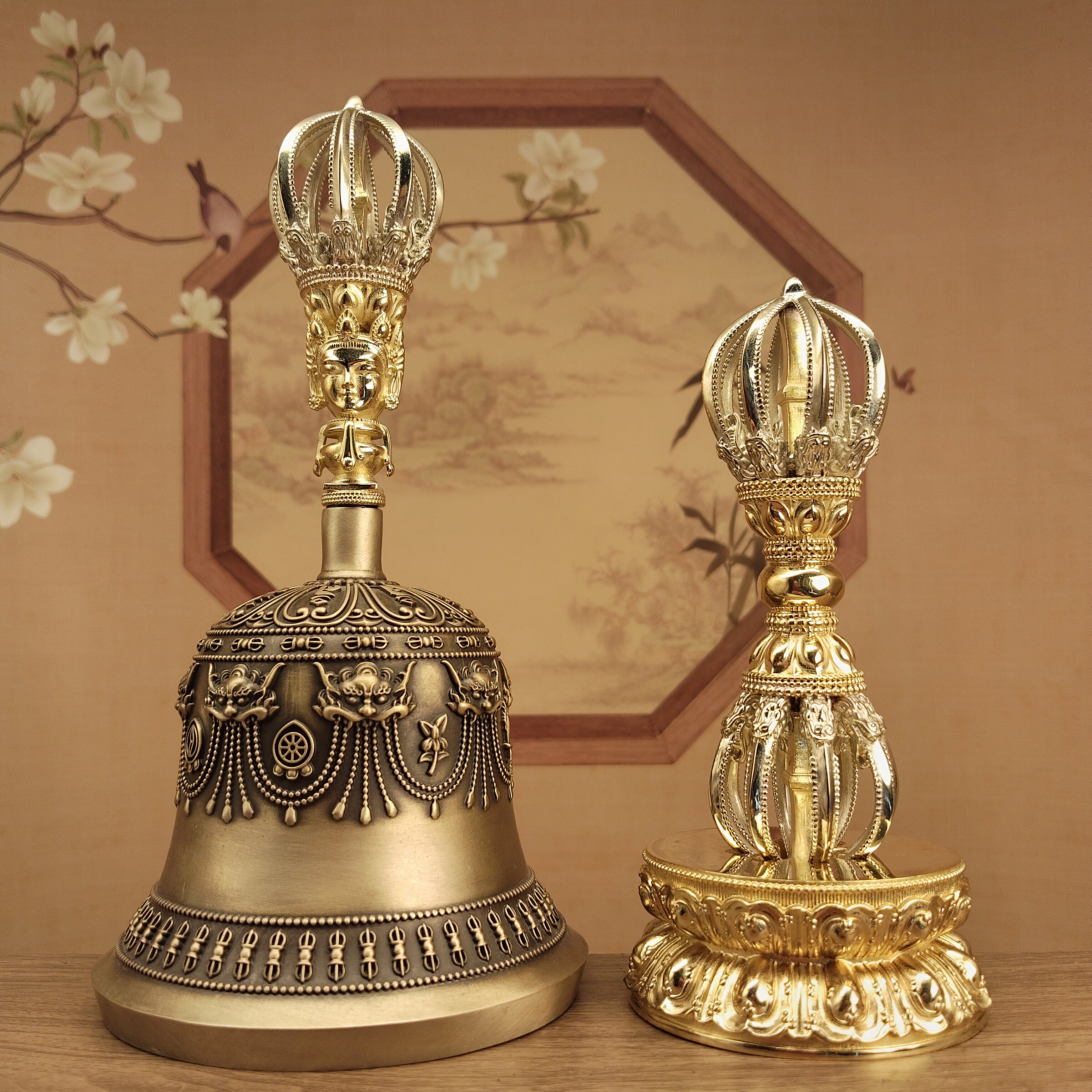 藏传九股双色铜金刚铃杵大号铃铛带莲花底座居家摆件佛堂寺庙供