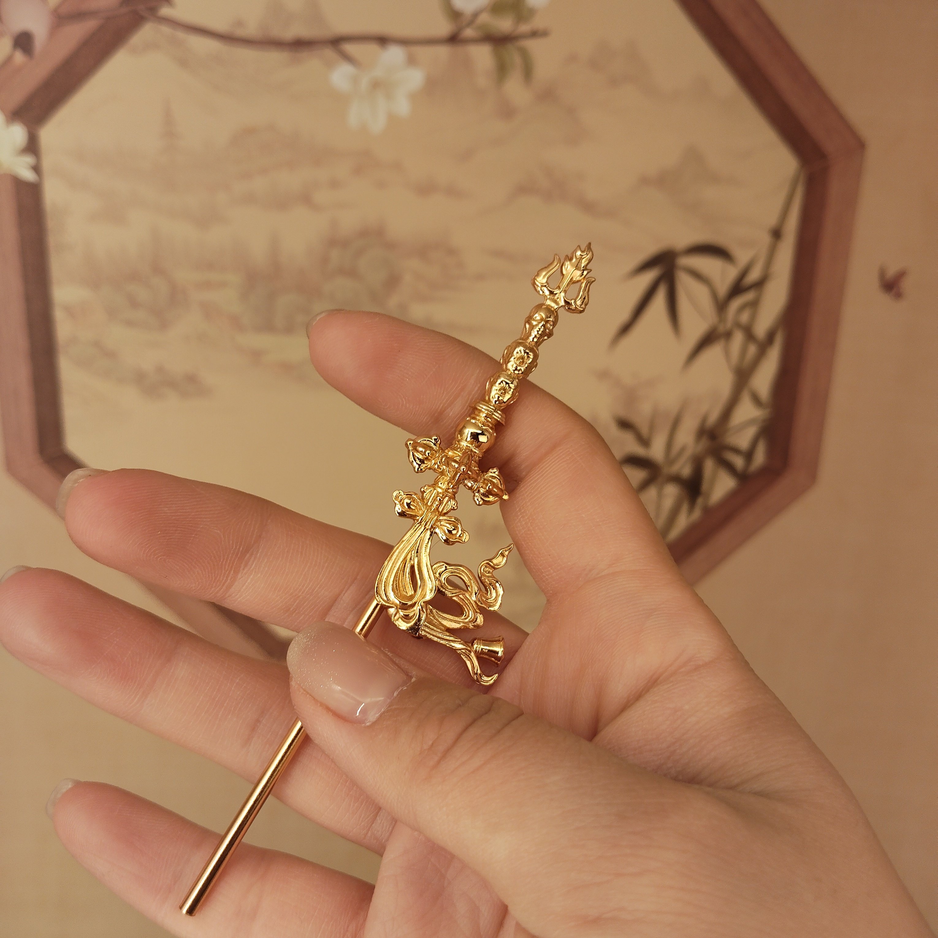 藏传密宗铜镀真金大号莲花生大士天仗法器禅杖莲师三叉仗金刚杵