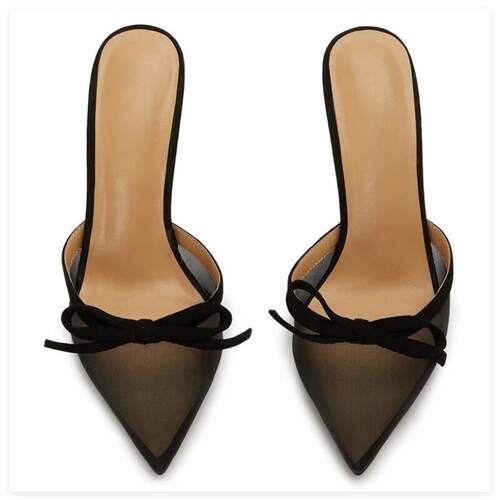新款欧美高跟凉鞋尖头网纱结细跟女宴会鞋shoes women heels 2025