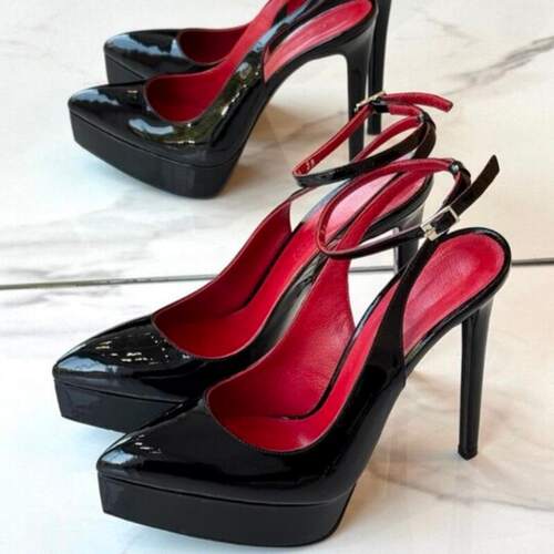 欧美水台时装单鞋尖头后空搭扣黑色漆皮细跟走秀女鞋high heels