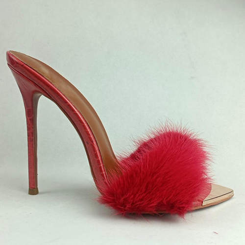 跨境时装凉鞋欧美金属头细跟红色毛毛外贸女鞋high heels高跟鞋12