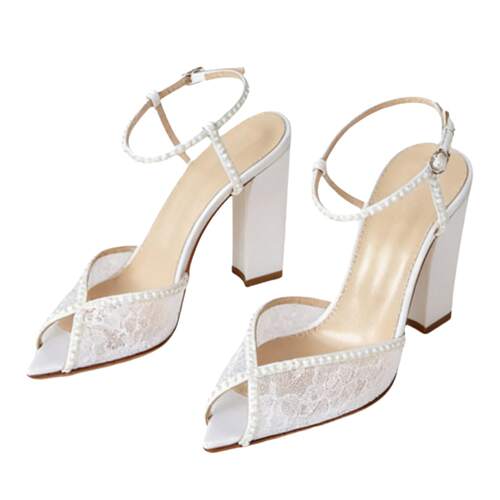 新款 欧美高跟凉鞋尖头蕾丝珍珠粗跟女婚宴鞋wedding shoes women