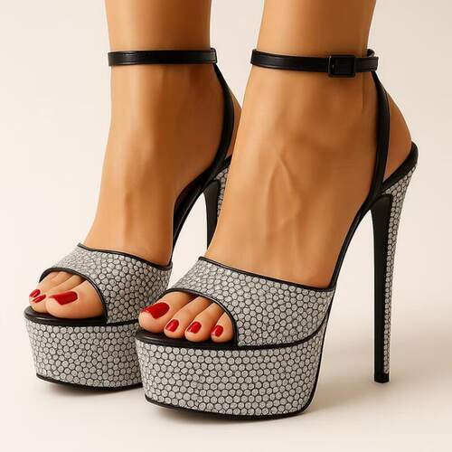 新款欧美水台时装单鞋水台水钻细跟搭扣女鞋走秀high heels pumps