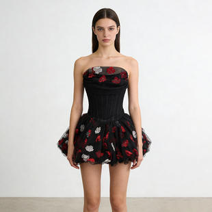 修身 性感甜美风名媛花朵宴会礼服抹胸裙2026春季 连衣裙女 法式 新款