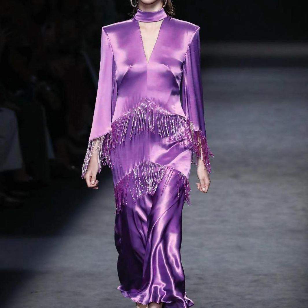 新款 2023欧美外贸礼仪V领喇叭袖重工钉珠长款连衣裙女基本款,女装/女士精品,连衣裙,淘宝优惠券,粉丝福利购,淘宝优惠卷