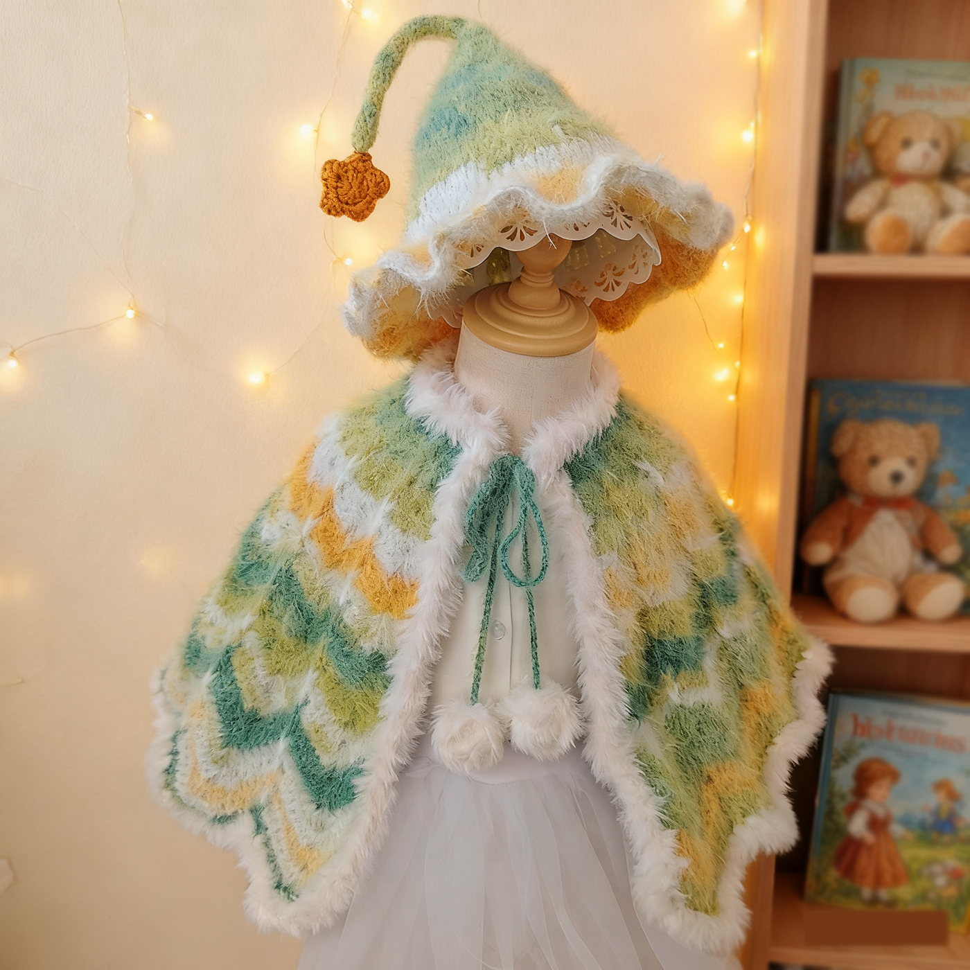 精灵披风斗篷彩虹色手工编织外套毛线保暖可爱儿童周岁孕DIY材料