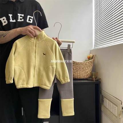 男女童摇粒绒外套宝宝打底裤套装小童糖果色韩版可爱两件套秋冬款